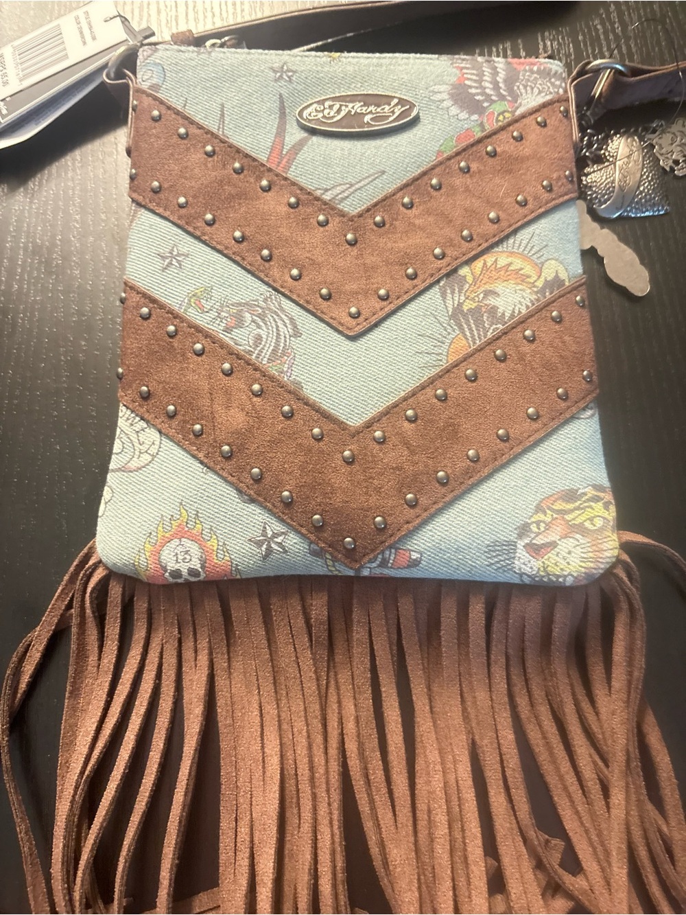 Ed Hardy Blue and Brown Fringe Crossbody Bag